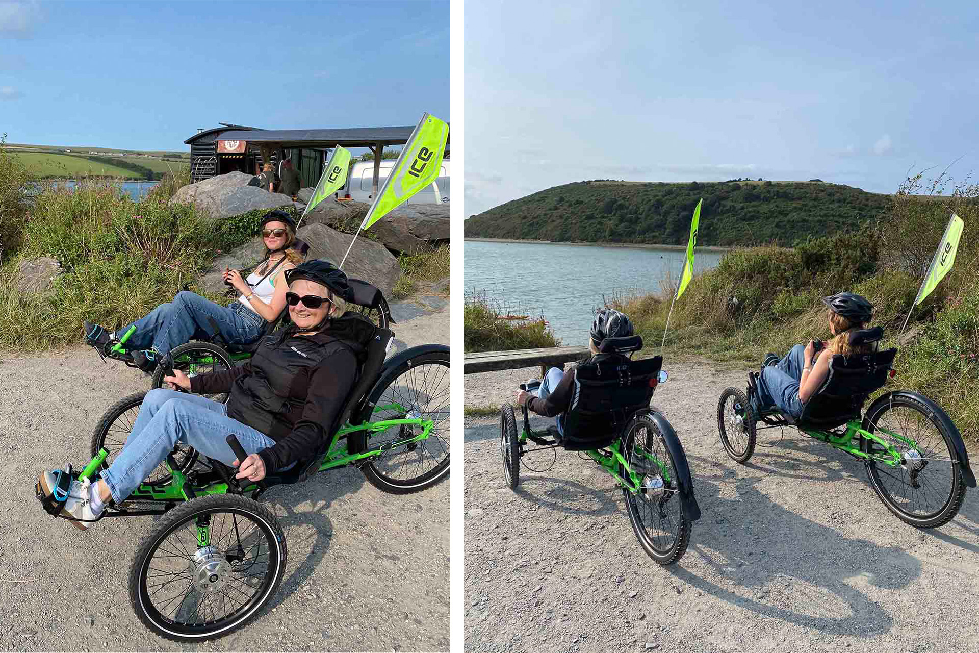 Two ladies riding some trikes in the outdoors